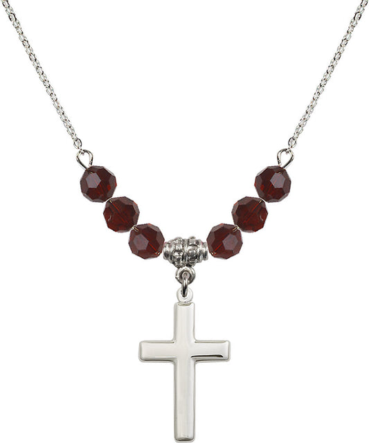Sterling Silver Cross Birthstone Necklace with Garnet Beads - 2195