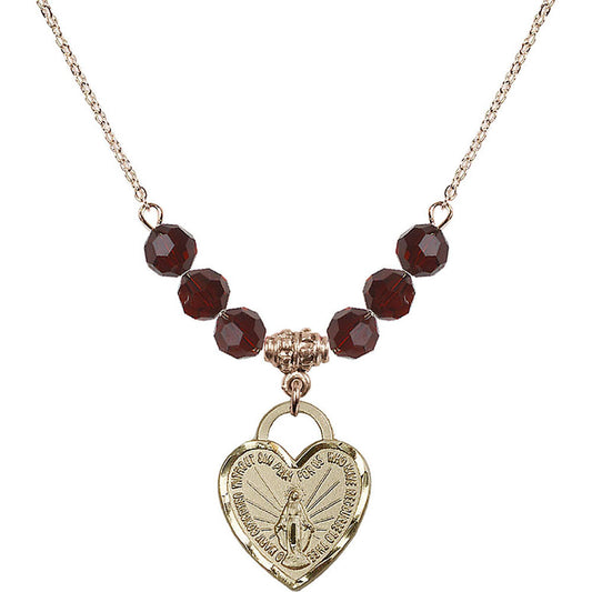 14kt Gold Filled Miraculous Heart Birthstone Necklace with Garnet Beads - 3201