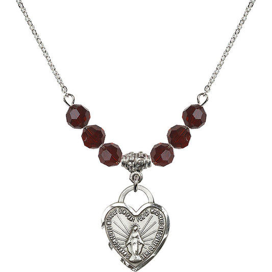 Sterling Silver Miraculous Heart Birthstone Necklace with Garnet Beads - 3201