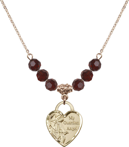 14kt Gold Filled Guardian Angel Heart Birthstone Necklace with Garnet Beads - 3202