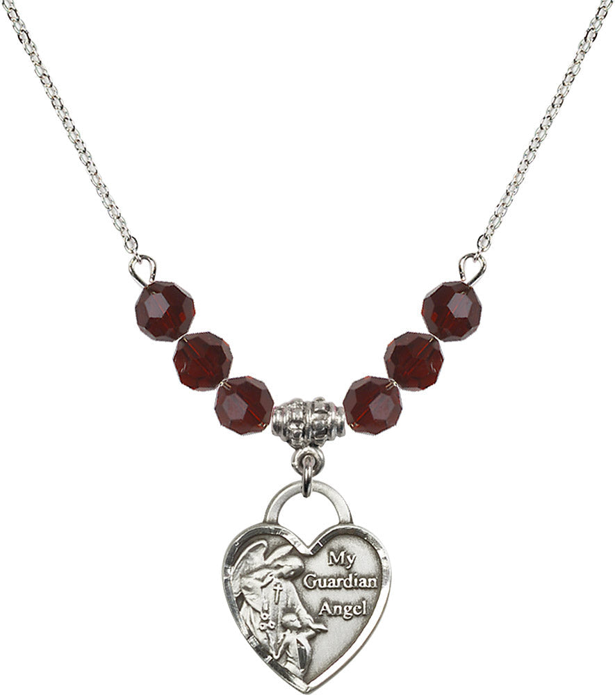 Sterling Silver Guardian Angel Heart Birthstone Necklace with Garnet Beads - 3202
