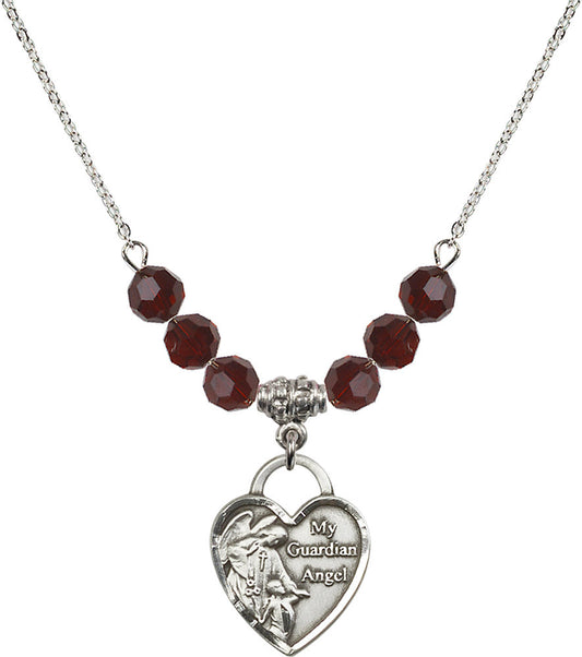 Sterling Silver Guardian Angel Heart Birthstone Necklace with Garnet Beads - 3202