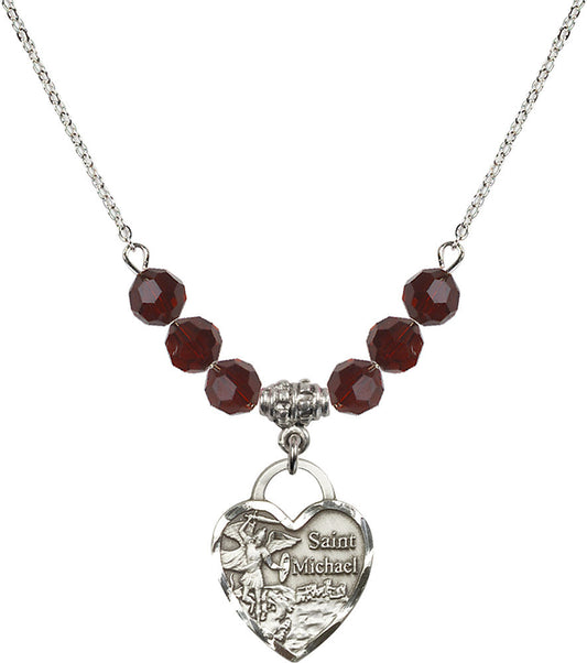 Sterling Silver Saint Michael the Archangel Birthstone Necklace with Garnet Beads - 3203