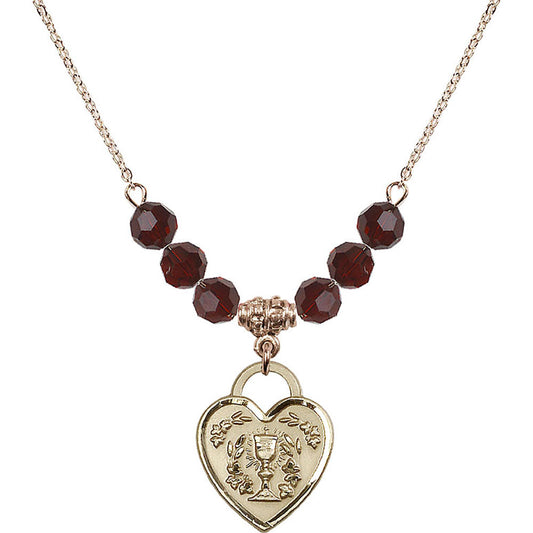 14kt Gold Filled Communion Heart Birthstone Necklace with Garnet Beads - 3204