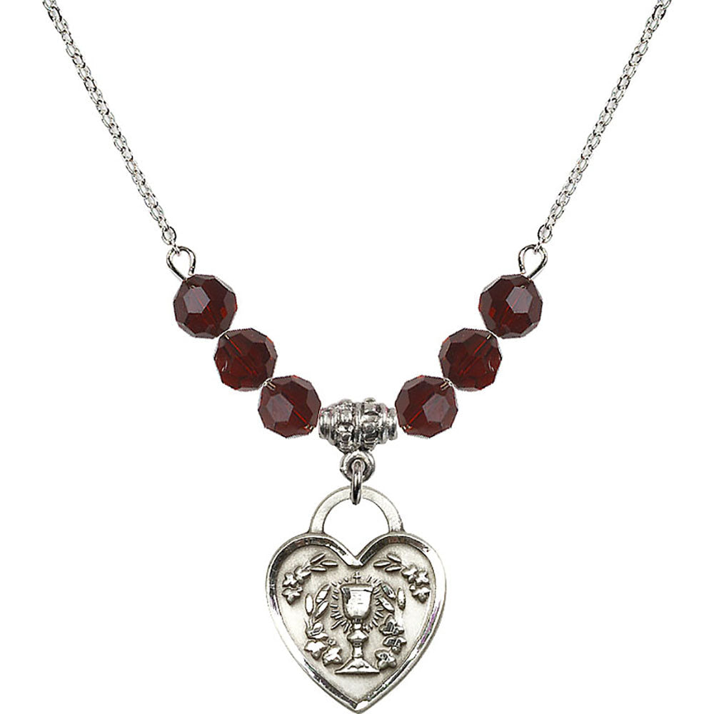Sterling Silver Communion Heart Birthstone Necklace with Garnet Beads - 3204