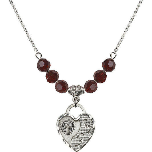Sterling Silver Footprints Heart Birthstone Necklace with Garnet Beads - 3207