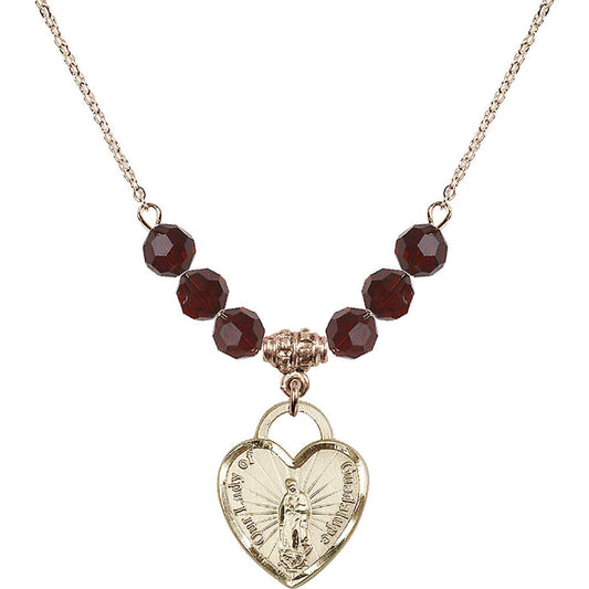 14kt Gold Filled Our Lady of Guadalupe Heart / Recuerdo Birthstone Necklace with Garnet Beads - 3209