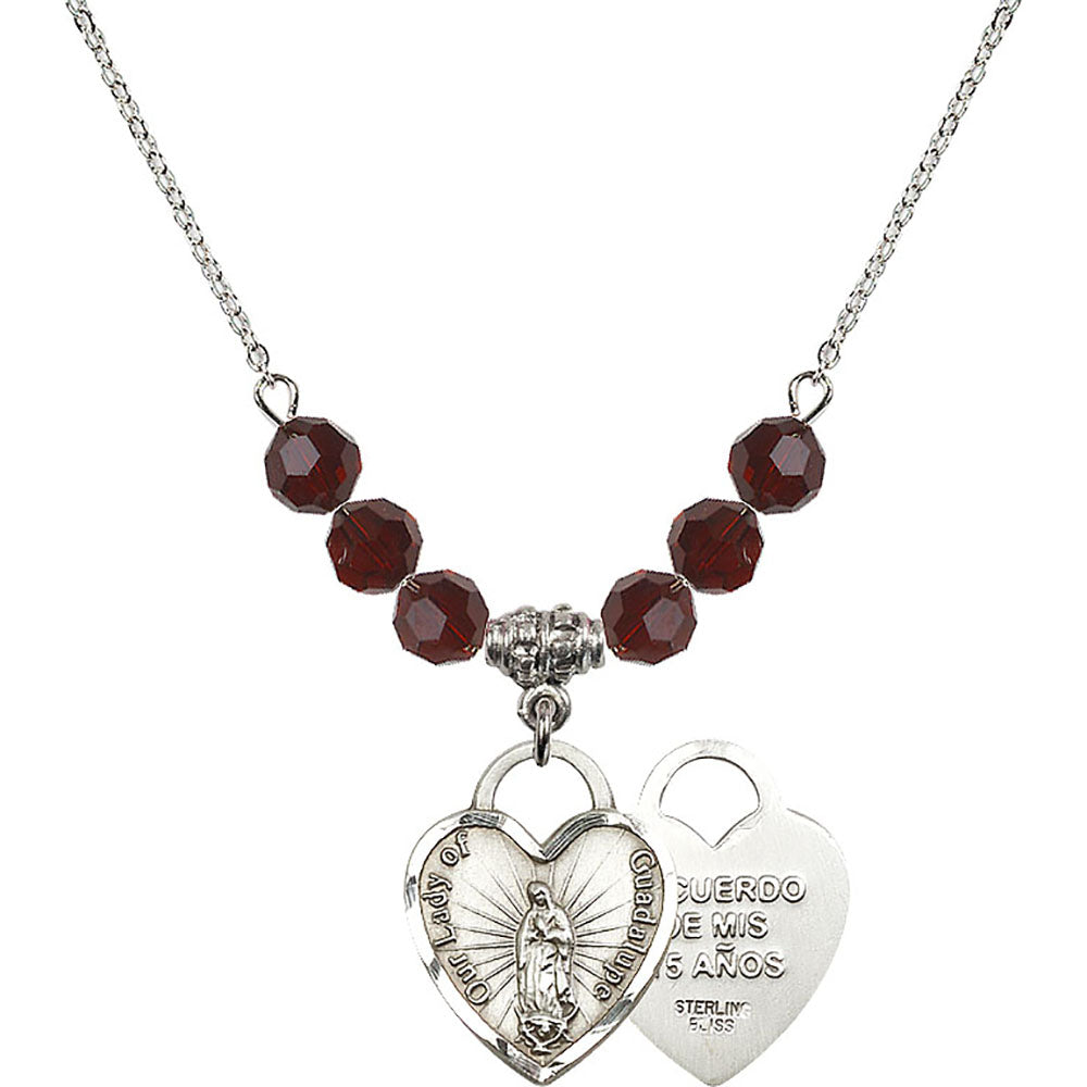 Sterling Silver Our Lady of Guadalupe Heart / Recuerdo Birthstone Necklace with Garnet Beads - 3209