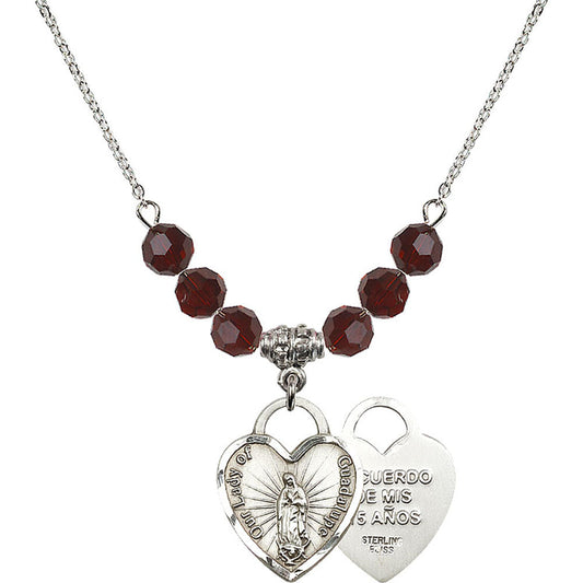 Sterling Silver Our Lady of Guadalupe Heart / Recuerdo Birthstone Necklace with Garnet Beads - 3209