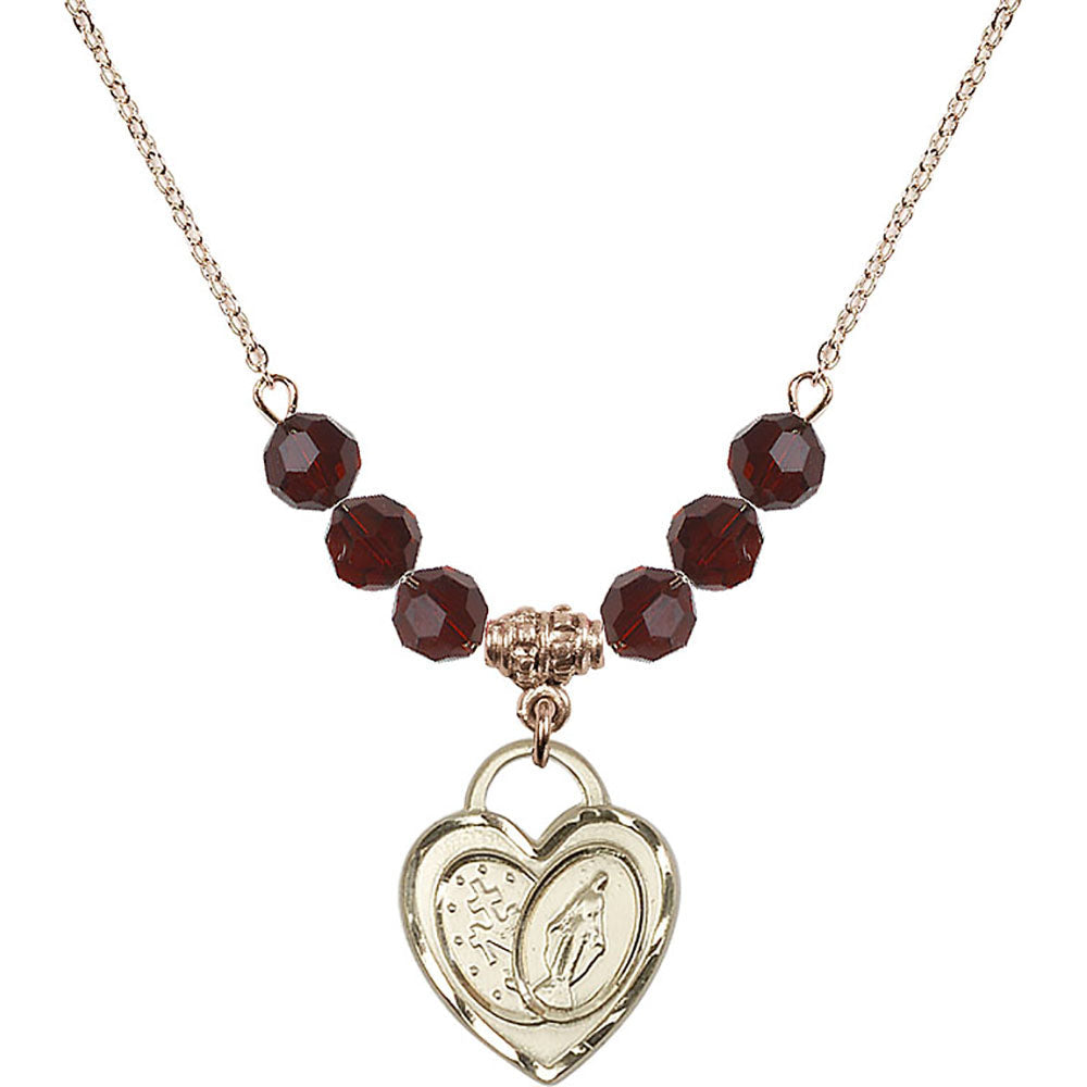 14kt Gold Filled Miraculous Heart Birthstone Necklace with Garnet Beads - 3212