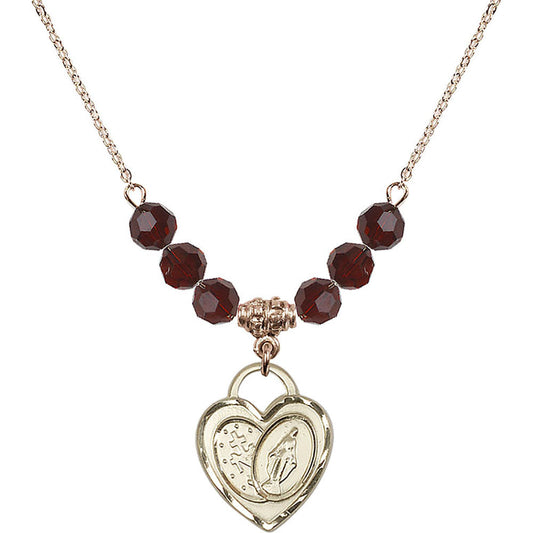 14kt Gold Filled Miraculous Heart Birthstone Necklace with Garnet Beads - 3212
