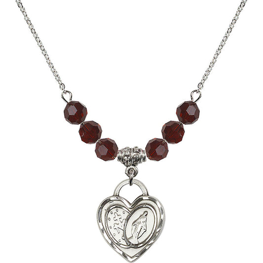 Sterling Silver Miraculous Heart Birthstone Necklace with Garnet Beads - 3212