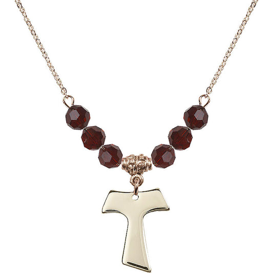 14kt Gold Filled Tau Cross Birthstone Necklace with Garnet Beads - 3948