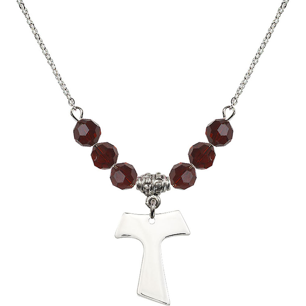 Sterling Silver Tau Cross Birthstone Necklace with Garnet Beads - 3948