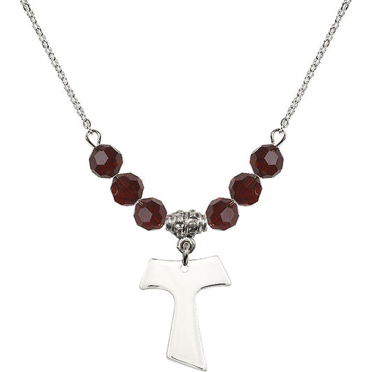 Sterling Silver Tau Cross Birthstone Necklace with Garnet Beads - 3948