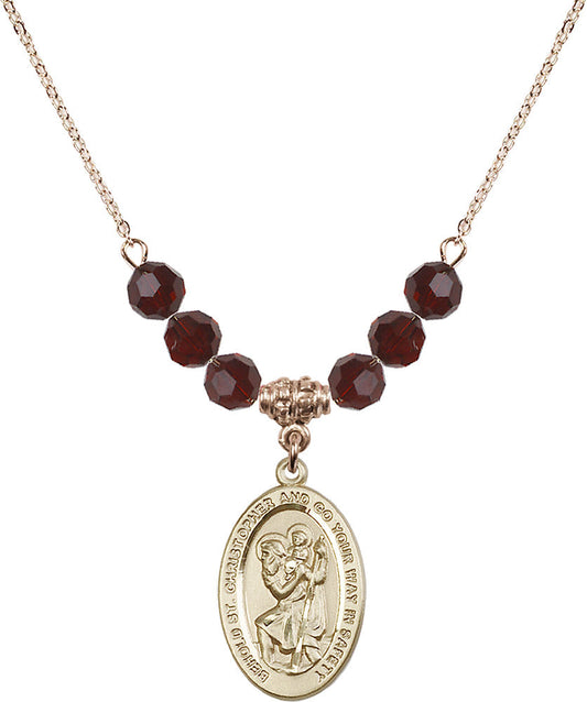 14kt Gold Filled Saint Christopher Birthstone Necklace with Garnet Beads - 4123