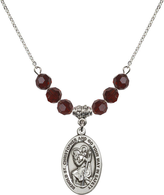 Sterling Silver Saint Christopher Birthstone Necklace with Garnet Beads - 4123