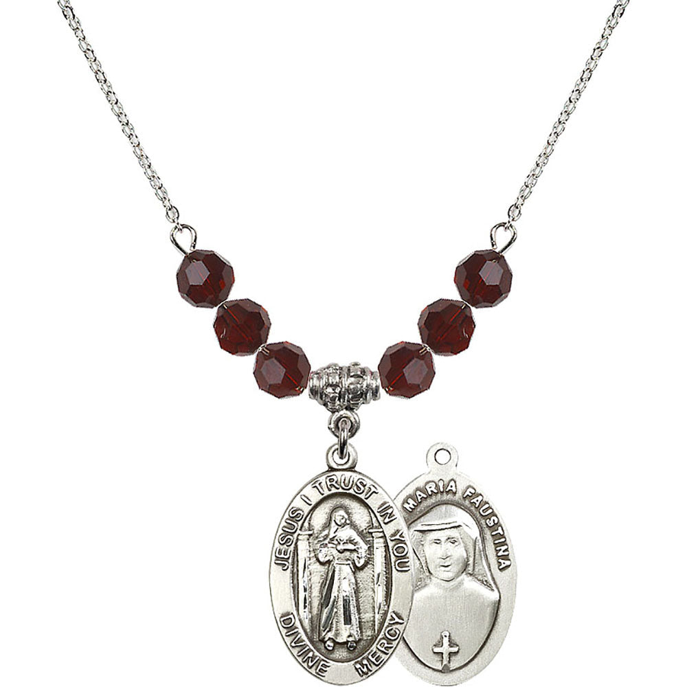 Sterling Silver Divine Mercy Birthstone Necklace with Garnet Beads - 4123