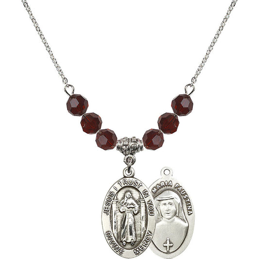 Sterling Silver Divine Mercy Birthstone Necklace with Garnet Beads - 4123