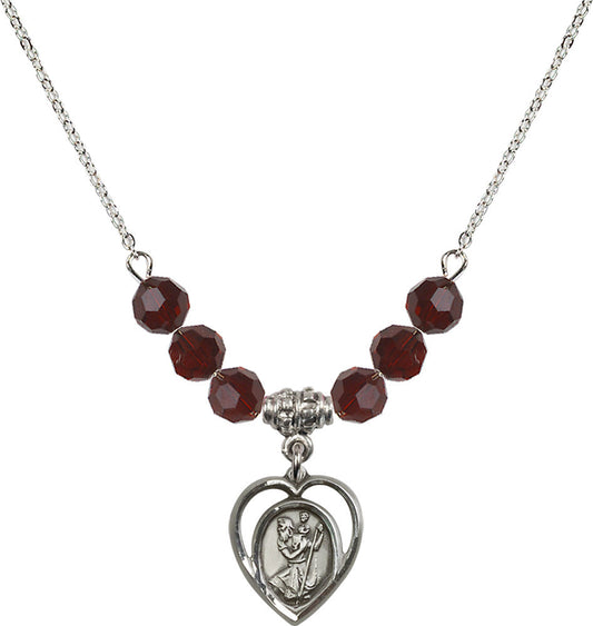 Sterling Silver Saint Christopher Birthstone Necklace with Garnet Beads - 4127