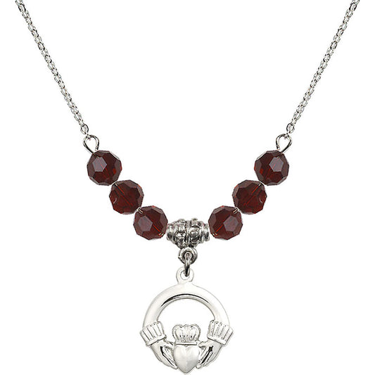 Sterling Silver Claddagh Birthstone Necklace with Garnet Beads - 4138
