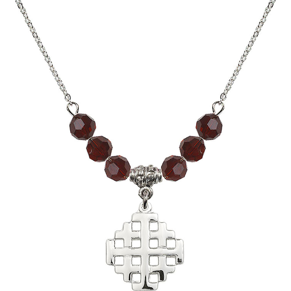 Sterling Silver Jerusalem Cross Birthstone Necklace with Garnet Beads - 4139