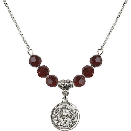 Sterling Silver Communion Chalice Birthstone Necklace with Garnet Beads - 4203