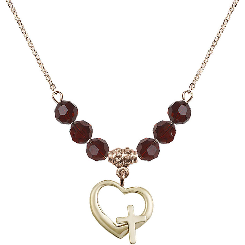 14kt Gold Filled Heart / Cross Birthstone Necklace with Garnet Beads - 4207