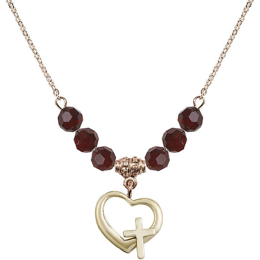 14kt Gold Filled Heart / Cross Birthstone Necklace with Garnet Beads - 4207