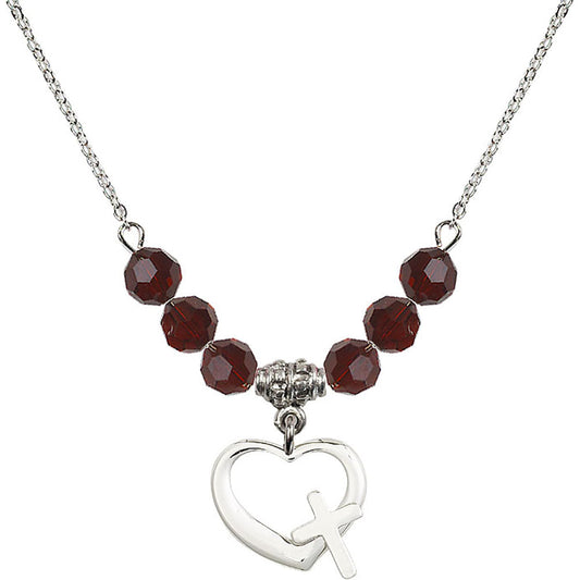 Sterling Silver Heart / Cross Birthstone Necklace with Garnet Beads - 4207