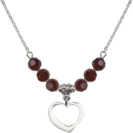 Sterling Silver Heart Birthstone Necklace with Garnet Beads - 4208