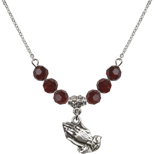 Sterling Silver Praying Hands Birthstone Necklace with Garnet Beads - 4219