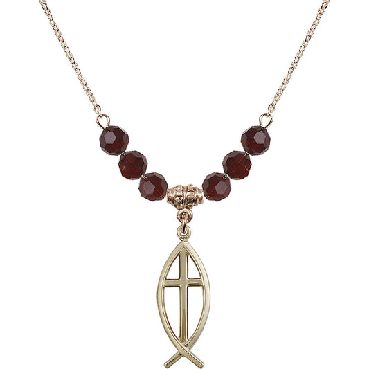 14kt Gold Filled Fish / Cross Birthstone Necklace with Garnet Beads - 4252