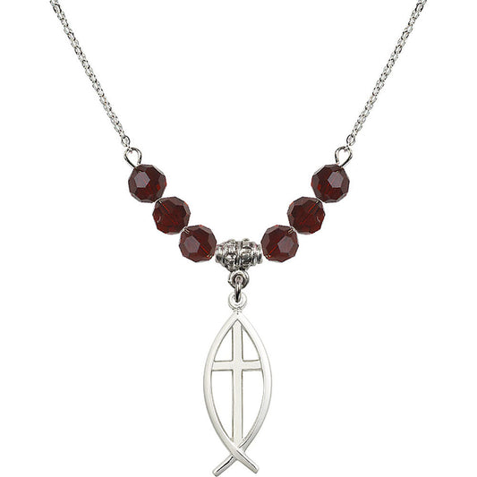 Sterling Silver Fish / Cross Birthstone Necklace with Garnet Beads - 4252