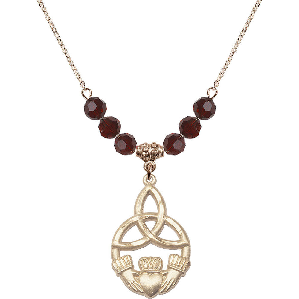 14kt Gold Filled Irish Knot / Claddagh Birthstone Necklace with Garnet Beads - 5102