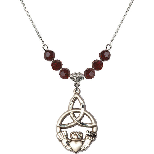 Sterling Silver Irish Knot / Claddagh Birthstone Necklace with Garnet Beads - 5102