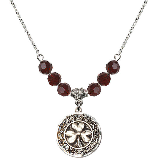 Sterling Silver Shamrock w/ Celtic Border Birthstone Necklace with Garnet Beads - 5106