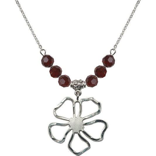 Sterling Silver Five Pedal Flower Birthstone Necklace with Garnet Beads - 5109