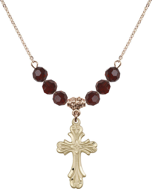 14kt Gold Filled Cross Birthstone Necklace with Garnet Beads - 5419