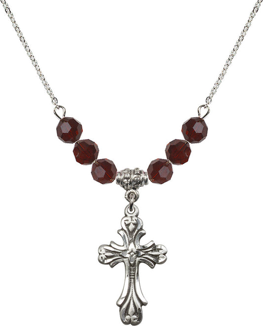 Sterling Silver Cross Birthstone Necklace with Garnet Beads - 5419
