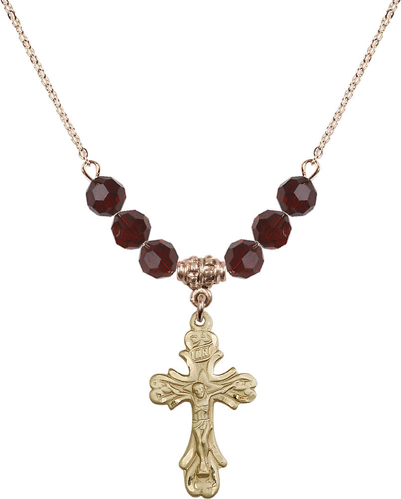 14kt Gold Filled Crucifix Birthstone Necklace with Garnet Beads - 5421
