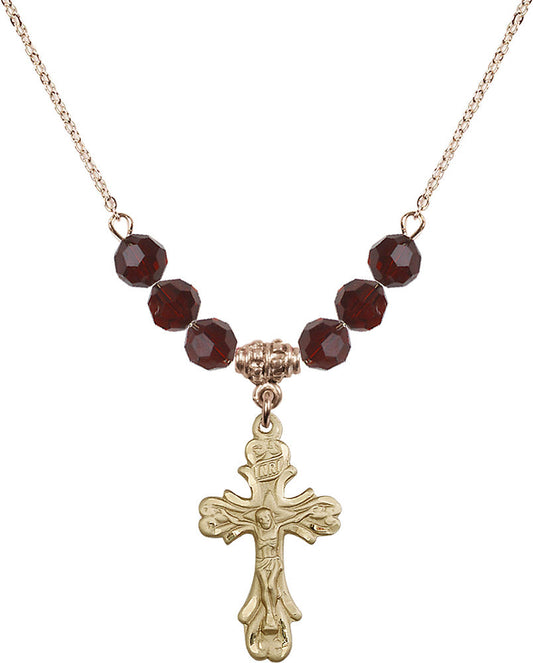 14kt Gold Filled Crucifix Birthstone Necklace with Garnet Beads - 5421