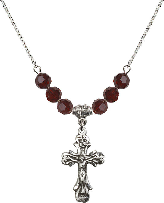 Sterling Silver Crucifix Birthstone Necklace with Garnet Beads - 5421