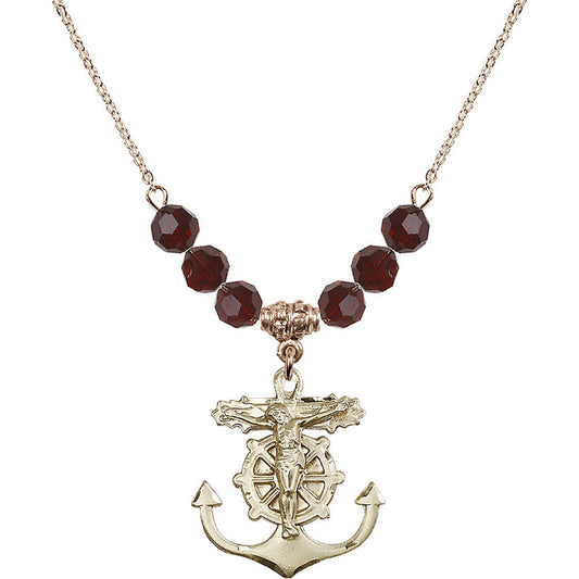 14kt Gold Filled Anchor Crucifix Birthstone Necklace with Garnet Beads - 5685