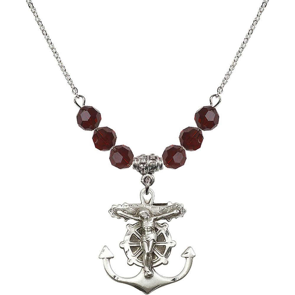 Sterling Silver Anchor Crucifix Birthstone Necklace with Garnet Beads - 5685