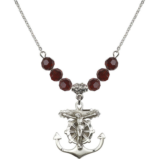 Sterling Silver Anchor Crucifix Birthstone Necklace with Garnet Beads - 5685