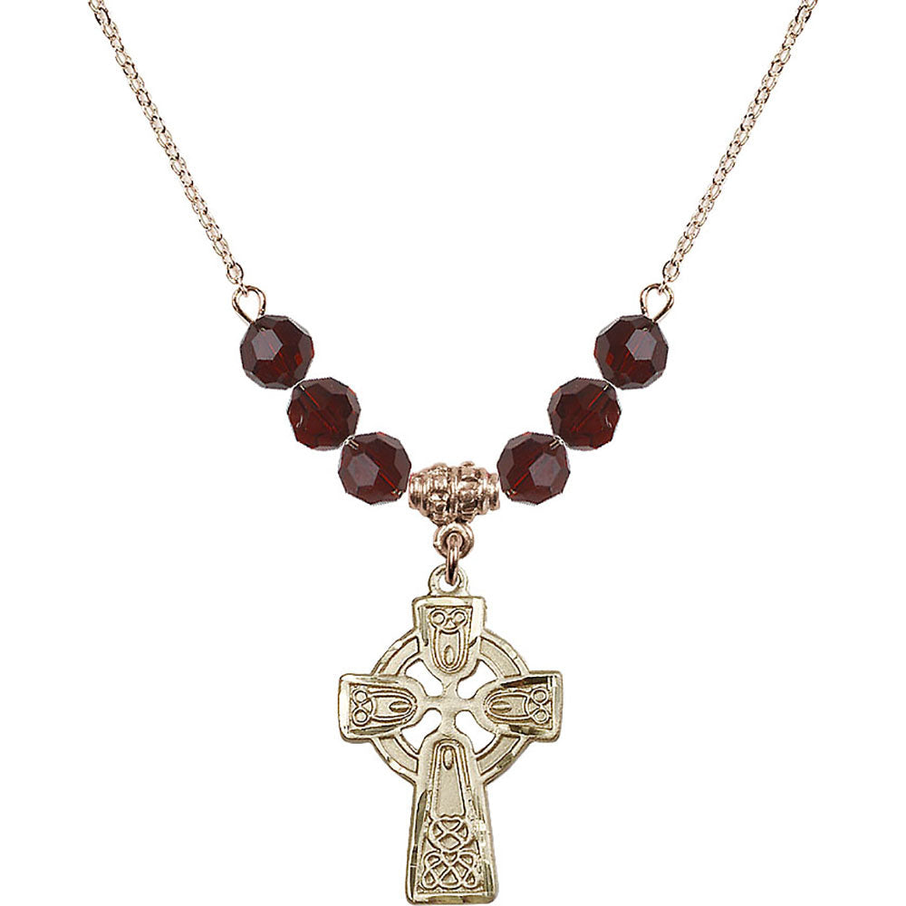 14kt Gold Filled Celtic Cross Birthstone Necklace with Garnet Beads - 5689