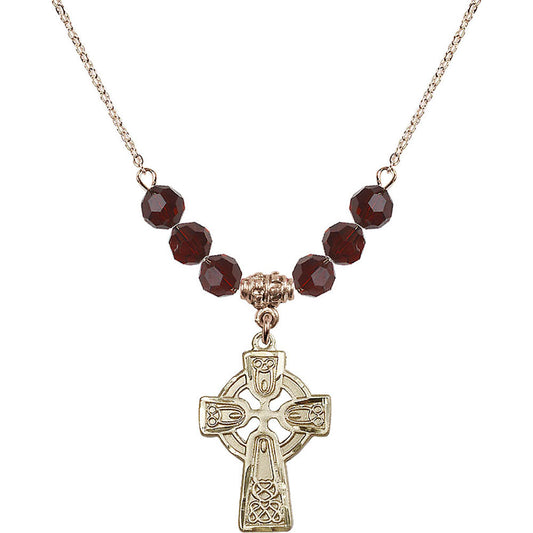 14kt Gold Filled Celtic Cross Birthstone Necklace with Garnet Beads - 5689