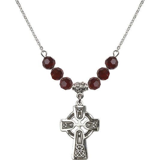 Sterling Silver Celtic Cross Birthstone Necklace with Garnet Beads - 5689