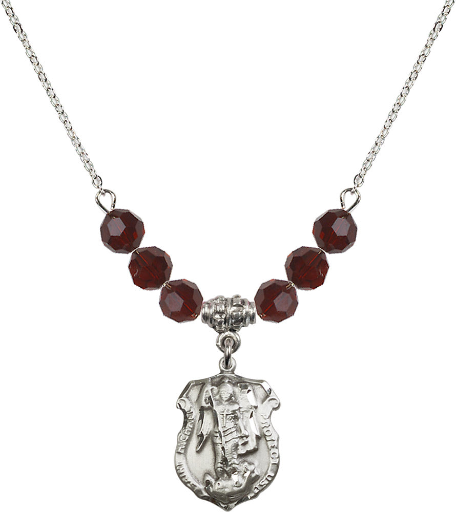Sterling Silver Saint Michael the Archangel Birthstone Necklace with Garnet Beads - 5692